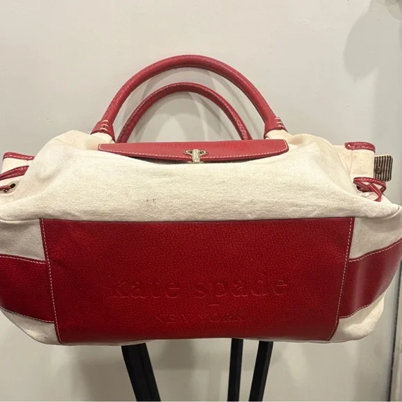 Kate Spade Red Leather & Cream Canvas Kent Stevie Shoulder Bag Satchel Sample - Picture 3 of 16